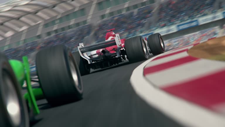 Dynamic rear view of a generic green open-wheel single-seater car race car chasing the leader