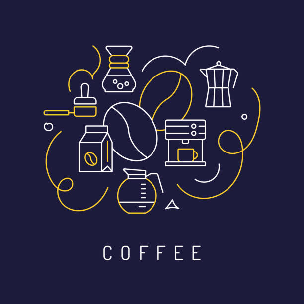 koncepcja kawy, modern line art ikony tło. ilustracja wektorowa stylu liniowego. - coffee bag sack backgrounds stock illustrations