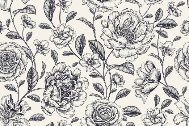 floral schwarz und weiß hintergrund. vintage nahtlose muster. vektor. - victorian style engraving engraved image white stock-grafiken, -clipart, -cartoons und -symbole