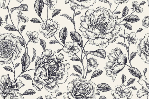 ilustrações de stock, clip art, desenhos animados e ícones de floral black and white background. vintage seamless pattern. vector. - backgrounds wallpaper pattern victorian style