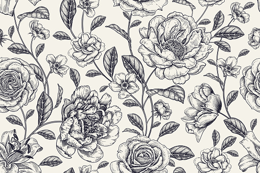 Vintage seamless pattern. Floral black and white background. Garden flowers roses and peonies. Handmade graphics. Victorian style. Textiles, paper, wallpaper decoration. Ornamental cover.