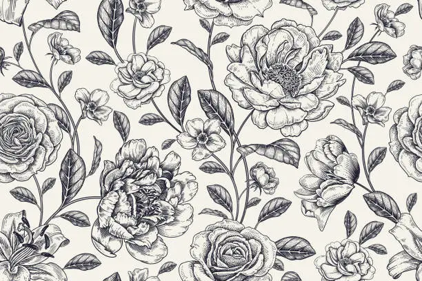 Vector illustration of Floral black and white background. Vintage seamless pattern. Vector.