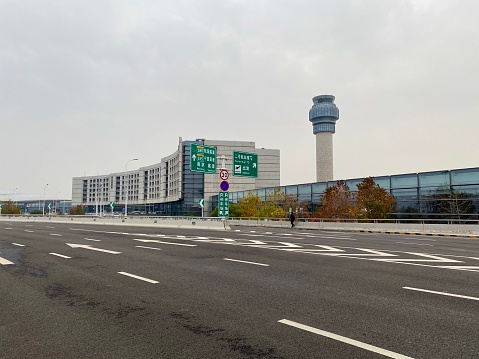 Nanjing, Jiangsu,China- November 23, 2020: Nanjing International Airport is one of the major airports in Eastern China. Here is the exterior view of Terminal 1.