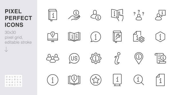 informationsliniensymbol gesetzt. datenschutzerklärung, handbuch, regel, anweisung, informieren, anleitung, referenz minimale vektor-illustration. einfache umriss zeichen tutorial app ui 30x30 pixel perfekt editierbarstrich - informationsmedium stock-grafiken, -clipart, -cartoons und -symbole