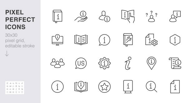 情報行アイコンセット。プライバシーポリシー、マニュアル、ルール、命令、情報、ガイド、参照最小ベクトルのイラスト。シンプルなアウトラインサインチュートリアルアプリui 30x30ピク� - guidance点のイラスト素材／クリップアート素材／マンガ素材／アイコン素材