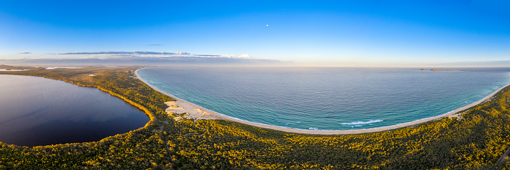 Panoramic view of Myall Lakes, Mungo Brush, looking towards Mungo Beach and the Pacific Ocean.