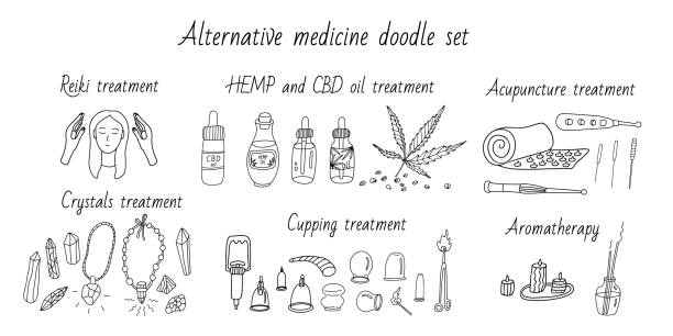 Set of alternative medicine tools doodle. Set of alternative medicine tools. Cupping treatment, acupuncture, aromatherapy, hemp and cbd oil, reiki and crystal therapy. Doodle sketch vector illustration black outline. Wellbeing and Recovery. acupuncture mat stock illustrations