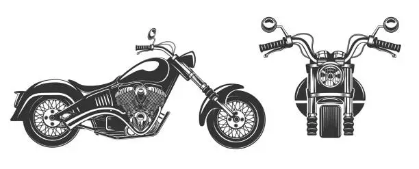 Vector illustration of Chopper motorcycle front and side view isolated on white background black and white vector illustration.