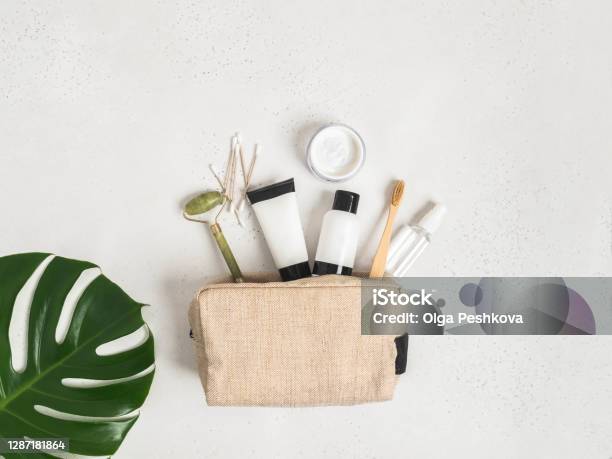 Travel Cosmetic Bag With The Necessary Means To Care And Hygiene For Women Stock Photo - Download Image Now