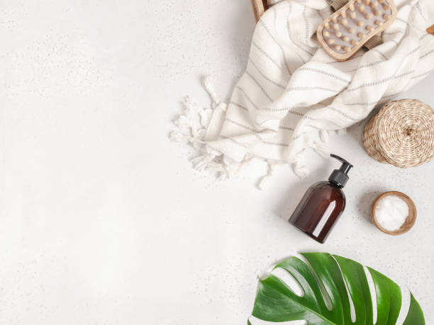 istock Flat lay of bath accessories and products on light gray background. 1287181914