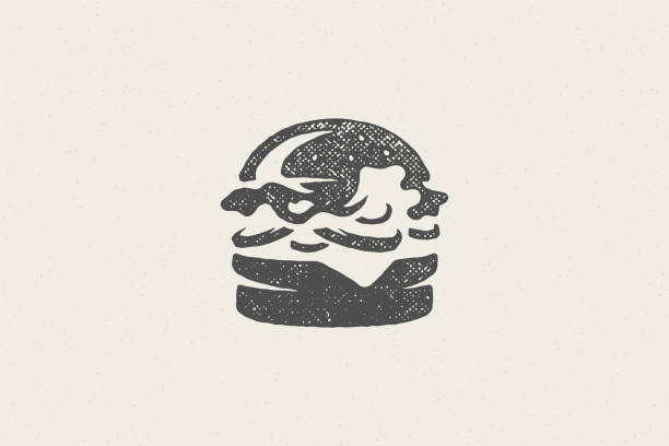 Burger silhouette as logo fast food service hand drawn stamp effect vector illustration Burger silhouette as logo fast food service hand drawn stamp effect vector illustration. Vintage grunge texture on background for packaging and fast food restaurant menu design or label decoration bread silhouettes stock illustrations