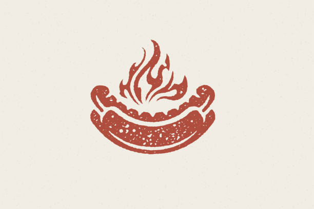 Spicy hot dog sandwich silhouette with flame for fast food hand drawn stamp effect vector illustration Spicy hot dog sandwich silhouette with flame for fast food hand drawn stamp effect vector illustration. Grunge texture symbol for packaging and fast food restaurant menu design or label decoration flame patterns stock illustrations