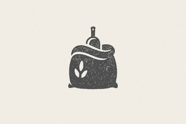 Silhouette sack of wheat flour with scoop designed for grain farming industry hand drawn stamp effect vector illustration. Grunge texture for packaging design or label decoration.
