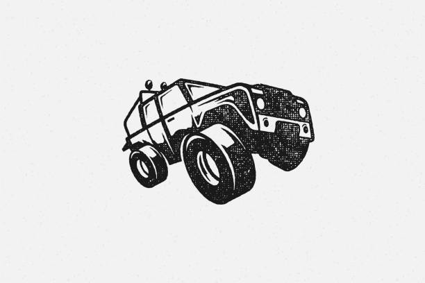 Black silhouette of off road car designed as symbol of travel through nature hand drawn stamp effect vector illustration Black silhouette of off road car designed as symbol of travel through nature hand drawn stamp effect vector illustration. Vintage grunge texture on old paper for poster or label decoration. off road vehicle stock illustrations