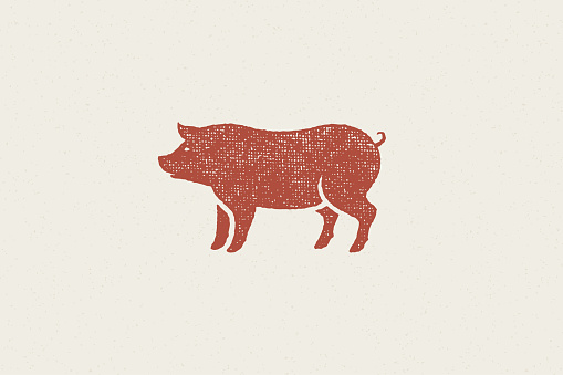 Red pig silhouette for meat industry or farmers market hand drawn stamp effect vector illustration. Vintage grunge texture emblem for butchery packaging and menu design or label decoration.
