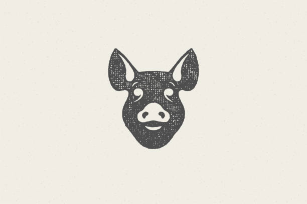 돼지 머리 실루엣 용 육류 산업 핸드 그린 스탬프 효과 벡터 일러스트 - pig silhouette animal livestock stock illustrations