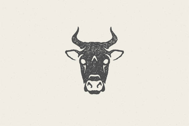 Black cow head silhouette with horns designed for meat industry hand drawn stamp effect vector illustration Black cow head silhouette with horns designed for meat industry hand drawn stamp effect vector illustration. Vintage grunge texture emblem for butchery packaging and menu design or label decoration. beef illustrations stock illustrations