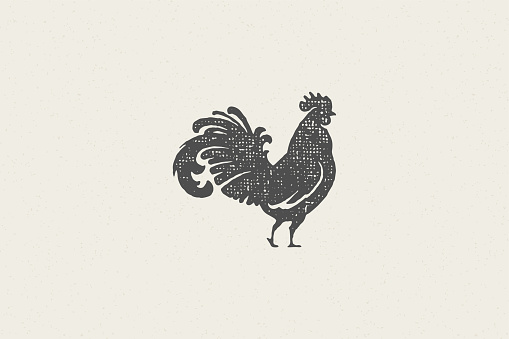 Rooster silhouette for poultry farm industry hand drawn stamp effect vector illustration. Vintage grunge texture emblem for butchery packaging and menu design or label decoration