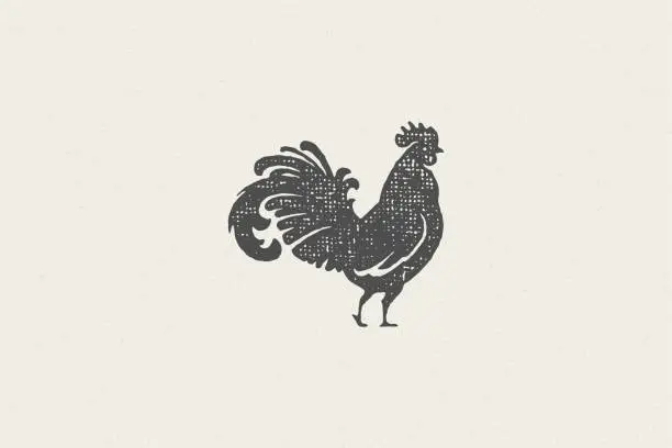 Vector illustration of Rooster silhouette for poultry farm industry hand drawn stamp effect vector illustration