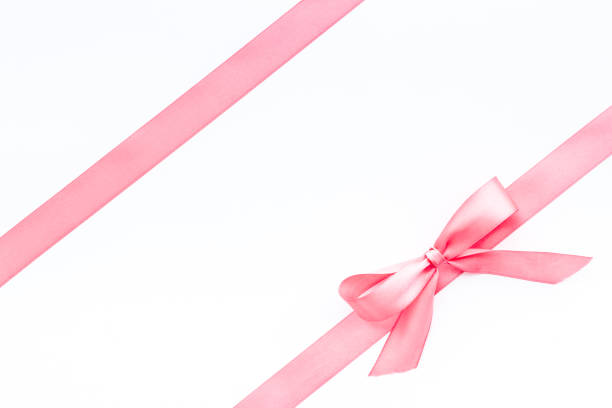 istock Pink ribbon with bow isolated on white for gift box. Top view, copy space 1287183955