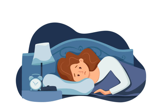 ilustrações, clipart, desenhos animados e ícones de mulher acordada sonolenta na cama sofre de insônia. ilustração vetorial de cansado e exausto menina insônia tentando dormir com olhos abertos no estilo de desenho animado plano quarto noturno. melatonina e pesadelo, depressão, estresse. - sleeping child cartoon bed