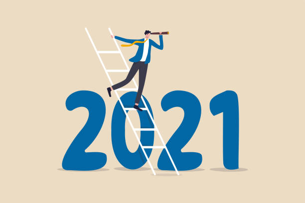 Year 2021 business outlook, vision to see the way forward, forecast, prediction and business success concept, businessman leader using telescope to see vision on top of ladder above year 2021 number. Year 2021 business outlook, vision to see the way forward, forecast, prediction and business success concept, businessman leader using telescope to see vision on top of ladder above year 2021 number. 2021 illustrations stock illustrations