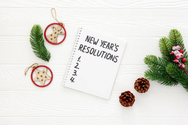 istock New Year's resolutions with Christmas decorations on yellow flat lay 1287186508