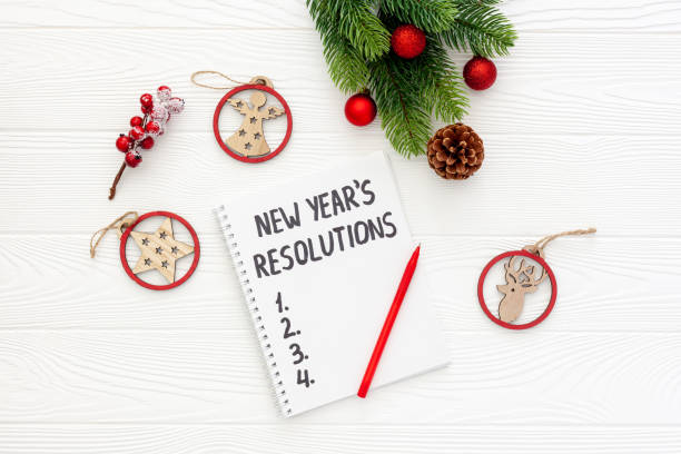 istock New Year's resolutions with Christmas decorations on yellow flat lay 1287186618