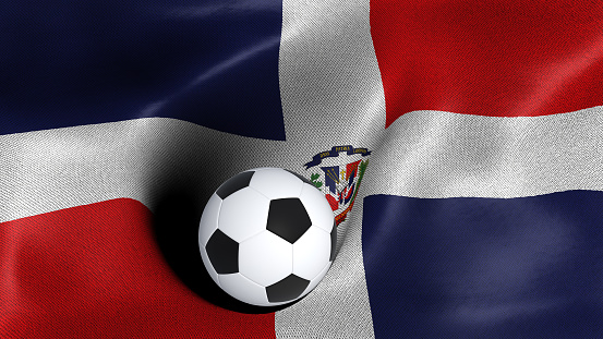 3D rendering of the flag of Dominican Republic with a soccer ball