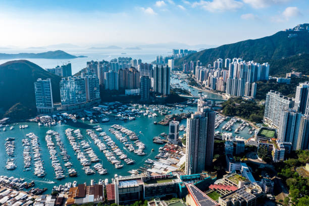 Hong Kong marina aerial view by drone Hong Kong marina aerial view by drone aberdeen hong kong photos stock pictures, royalty-free photos & images
