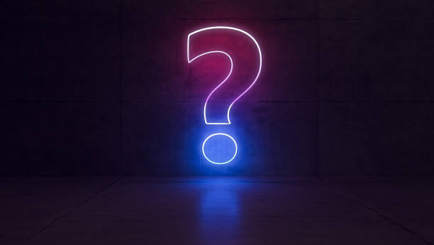 Neon light question marks concept in dark concrete empty room with red, blue, purple colors realistic abstract background 3D rendering