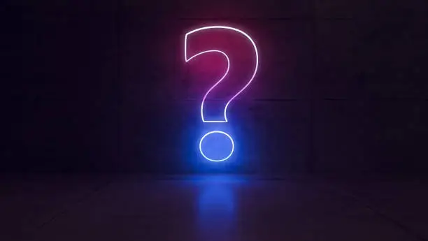 Neon light question marks concept in dark concrete empty room with red, blue, purple colors realistic abstract background 3D rendering