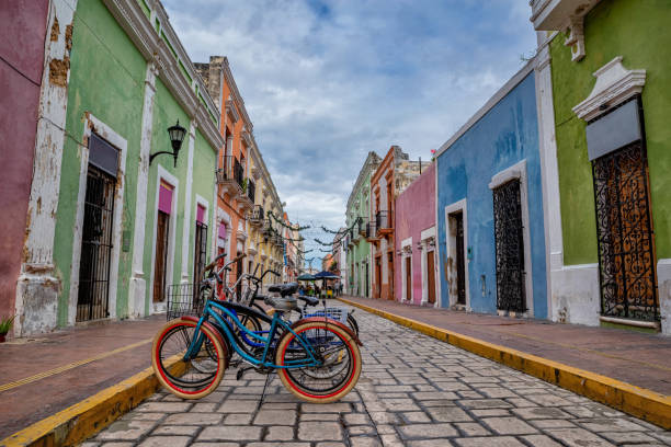 Colorful buildings in Campeche, Mexico stock photo