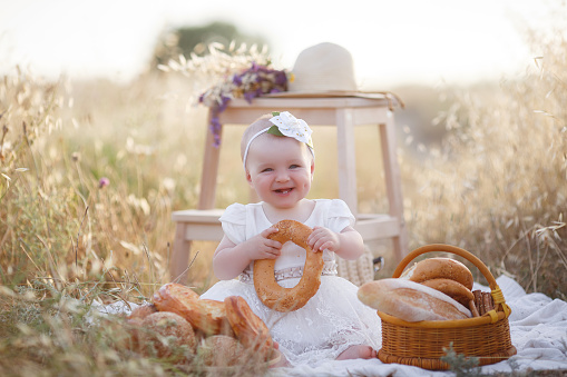 Happy child with bread in yellow autumn wheat field. Little girl sitting alone outdoors on a meadow of yellow grass.Girl sits on a bedspread, fresh fruits and berries, bread and rolls in a basket. Outdoors Village Picnic