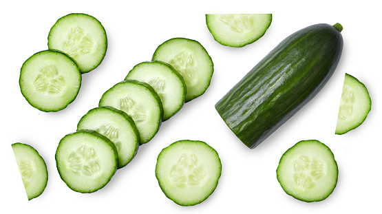 A set of cucumber isolated on white background. Top view.