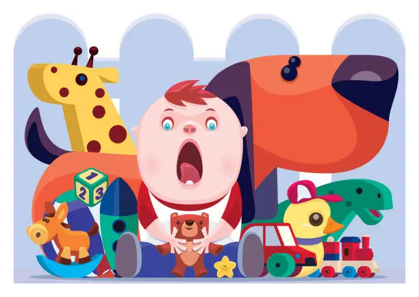 Vector illustration of surprised baby sitting with toys