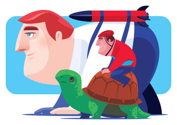 two businessmen racing with tortoise and launching rocket vector illustration of businessman with launching rocket racing with tortoise thinking fast and slow stock illustrations