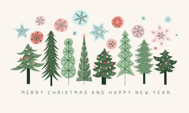 Christmas trees greeting card Retro Christmas trees with colorful snowflakes.
Editable vectors on layers. blank christmas card stock illustrations