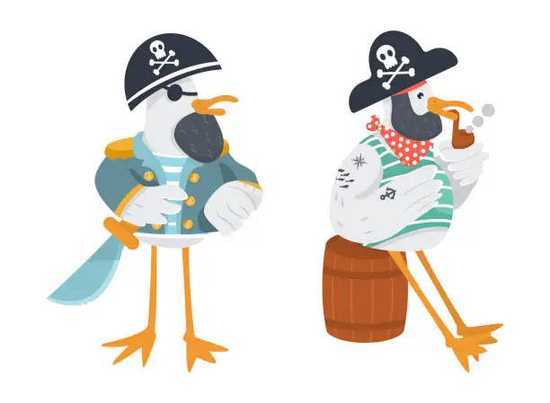 Vector illustration of Vector funny seagull pirate captain with a cutlass