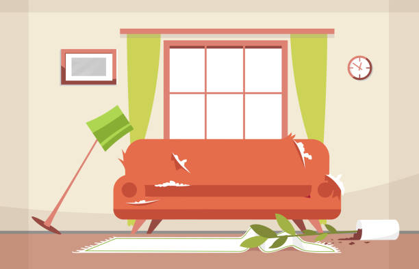 Messy sitting-room semi flat vector illustration Messy sitting-room semi flat vector illustration. Modern design room with huge window. Shabby sofa. Fallen vase with flower, soiled carpet. Broken floor lamp 2D cartoon scene for commercial use property damage stock illustrations