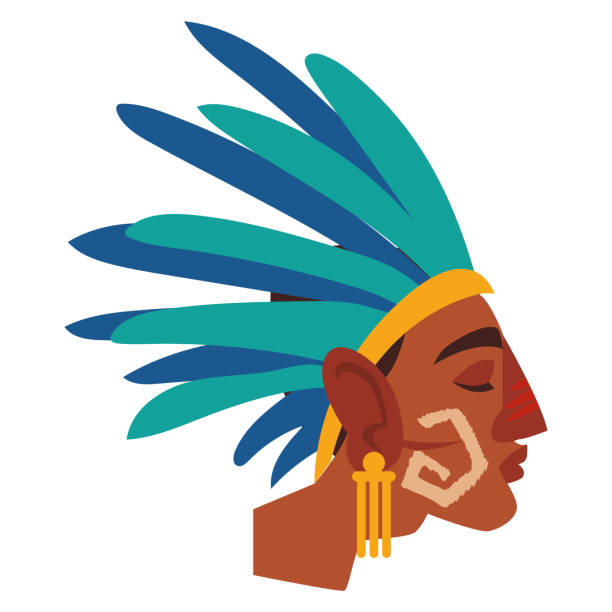 ilustraciones, imágenes clip art, dibujos animados e iconos de stock de perfil guerrero azteca en sombrero de plumas - headdress