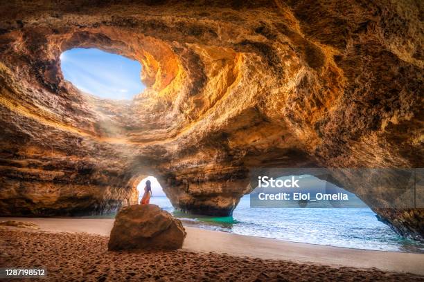 Beatuful Woman In Benagil Cave Algarve Portugal Stock Photo - Download Image Now - Algarve, Portugal, Beach