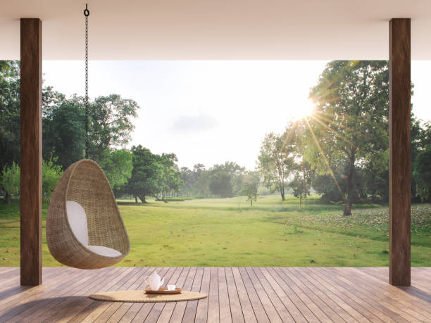 terraza de madera con vista al jardín de la mañana 3d render - wood chair outdoors rural scene fotografías e imágenes de stock