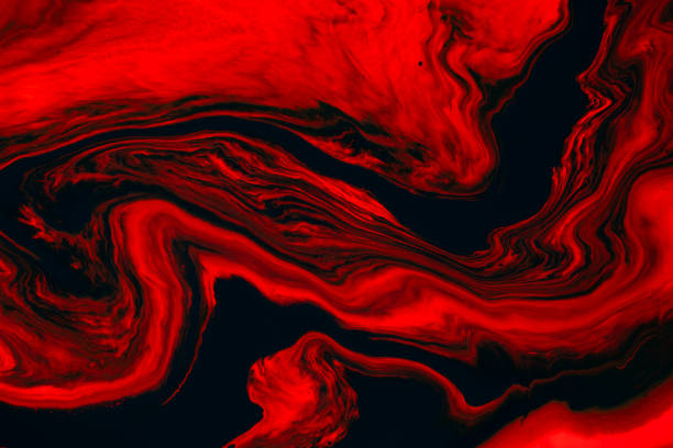 fluid art texture. backdrop with abstract swirling paint effect. liquid acrylic picture that flows and splashes. mixed paints for background or poster. red, black and orange overflowing colors. - multi layered paint imagens e fotografias de stock