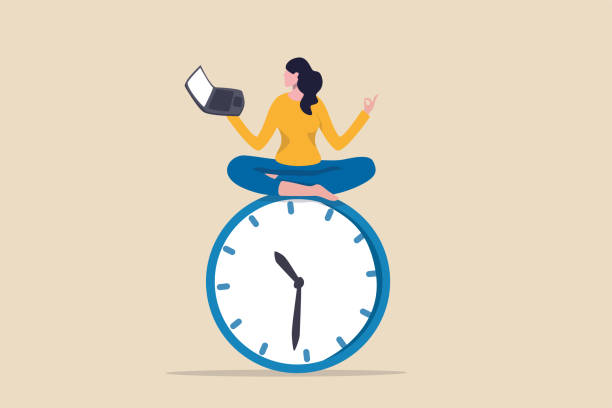 Flexible working hours, work life balance or focus and time management while working from home concept, young lady woman working with laptop while doing yoga or meditation on clock face. Flexible working hours, work life balance or focus and time management while working from home concept, young lady woman working with laptop while doing yoga or meditation on clock face. time stock illustrations