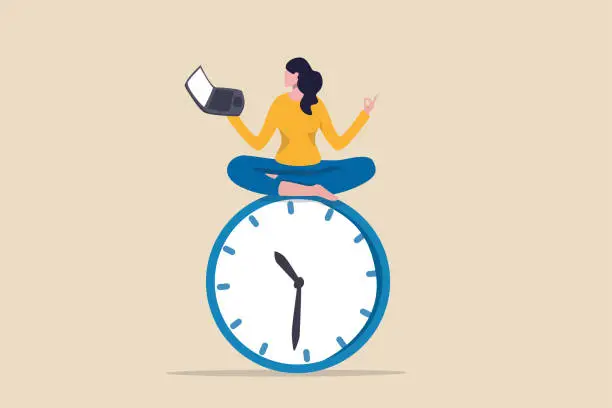 Vector illustration of Flexible working hours, work life balance or focus and time management while working from home concept, young lady woman working with laptop while doing yoga or meditation on clock face.