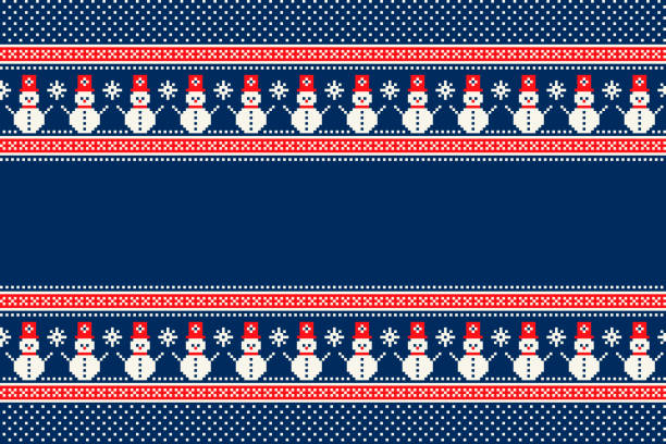 ilustrações, clipart, desenhos animados e ícones de padrão de pixel de natal com enfeite boneco de neve. ornamento listrado nórdico tradicional. fundo de férias de inverno vetorial para o texto ou logotipo da saudação. - wool scarf backgrounds knitting