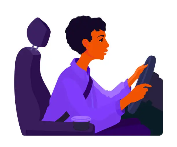 Vector illustration of A girl driver sitting in a car. A woman driving, holding a steering wheel. Auto drive.