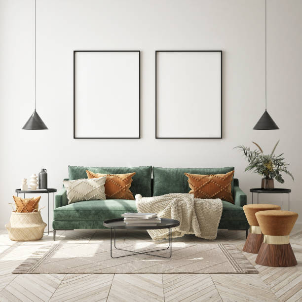 istock mock up poster frame in modern interior background, scandinavian style, 3D render 1287206404
