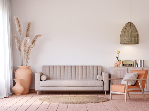 Vintage style living room with beige tone 3d render